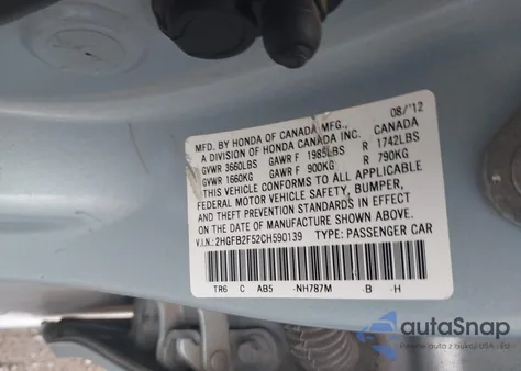 2012 Honda Civic Lx z USA, uszkodzony, nr VIN 2HGFB2F52CH590139